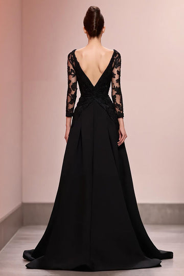 Black A Line Appliqued Long Formal Dress with Sleeves